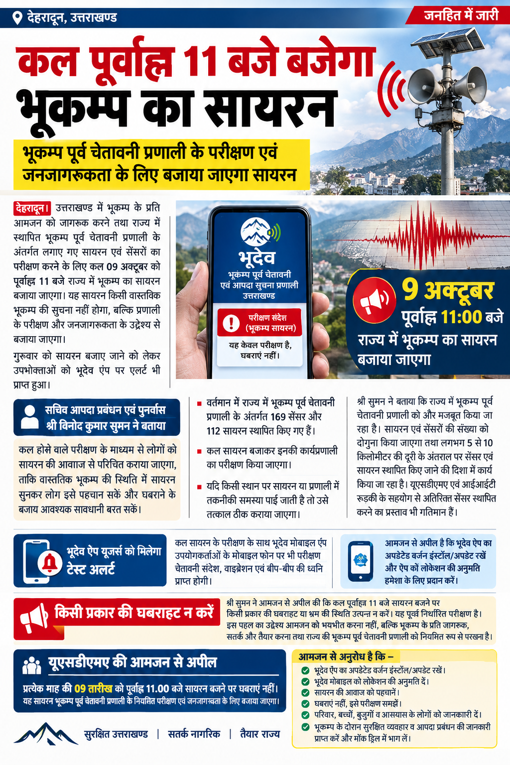 कल पूर्वाह्न 11 बजे बजेगा भूकम्प का सायरन भूकम्प पूर्व चेतावनी प्रणाली के परीक्षण एवं जनजागरूकता के लिए बजाया जाएगा सायरन